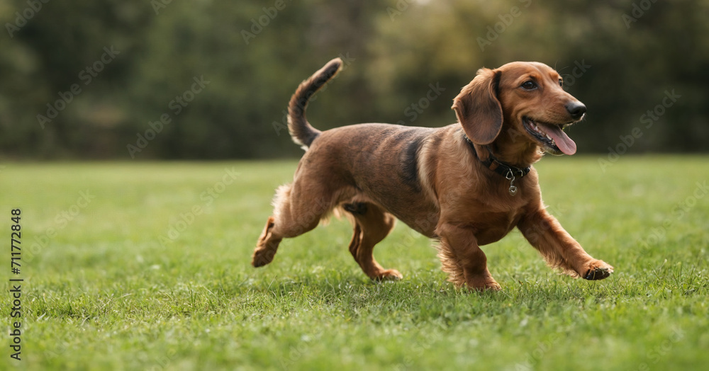 A happy little brown Dachshund running in a vibrant green summer grass, capturing the joyful essence of outdoor play for a lively and fun image. A happy little brown Dachshund running in a vibrant green summer grass, capturing the joyful essence of outdoor play for a lively and fun image.