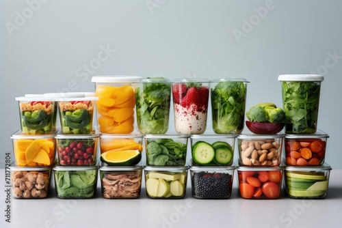 A variety of different types of food stored in plastic containers placed together, Healthy eating concept portrayed through an assortment of healthy food in plastic containers, AI Generated photo