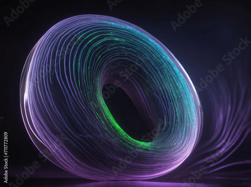 A toroid with neon lights of purple, green and blue tones. Neon abstract backgrounds series.