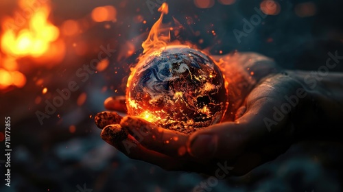 hand holding a planet earth lit on fire generative ai