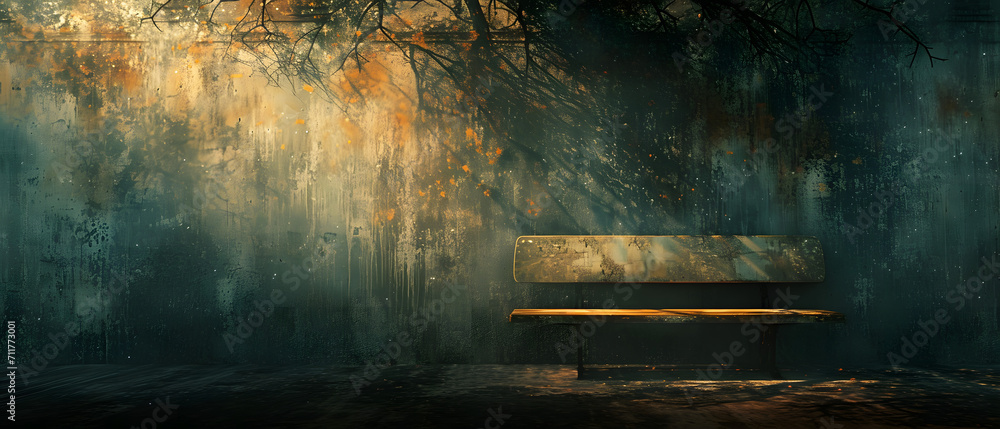 A solitary bench in a dimly lit room, adorned with a striking painting, evoking feelings of isolation and contemplation
