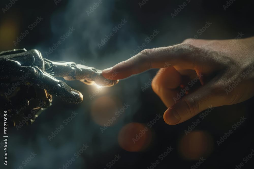 Human Hand Touching Fingers with a Cyborg, Humanity and Technology Connection Digital Concept,  The Creation of Adam theme, AI technology era. 