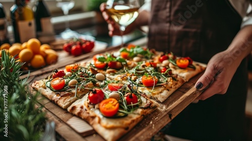Hipster blogger or cook holds wooden tray or board with homemade organic flatbread pizza, covered with vegetables, veggies and cheese, romantic diy dinner with wine 
