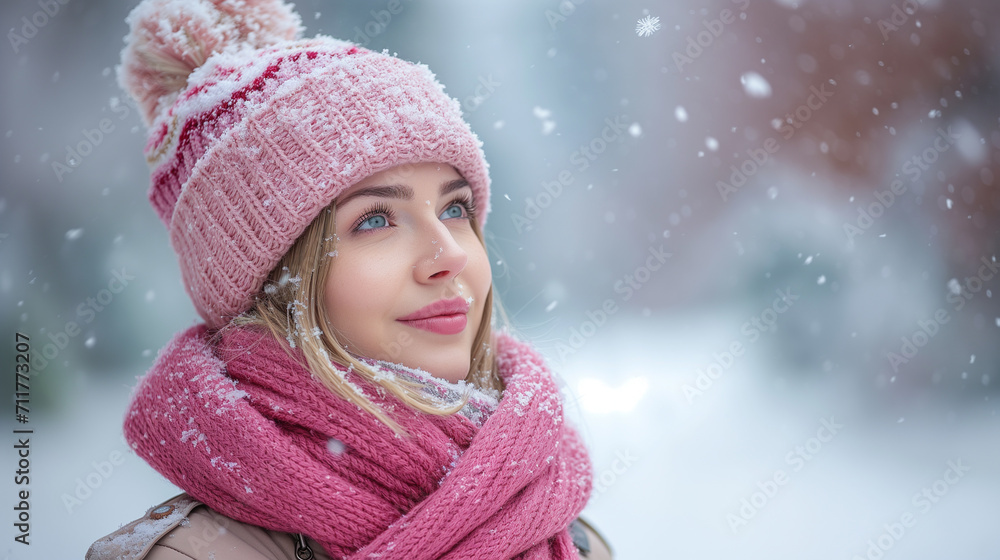 Young woman wearing a pink scarf and hat looking at the gentle snowfall. Young woman wearing a pink scarf and hat looking at the gentle snowfall.