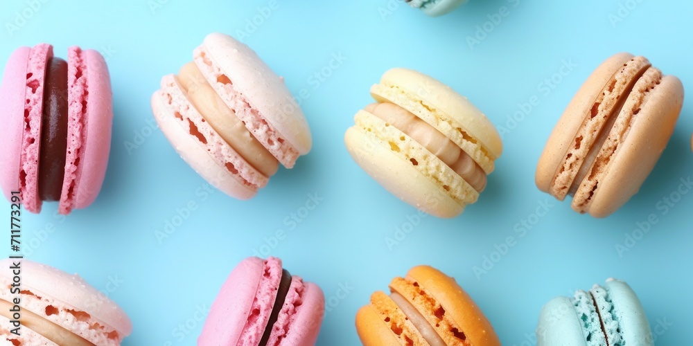 Obraz premium Sweet almond colorful macaron or macaroon dessert cake isolated on trendy blue pastel background. French sweet cookie. Minimal food bakery concept. Flat lay top view copy.