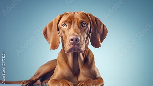 Beautiful Vizsla dog lying isolated on a blue background