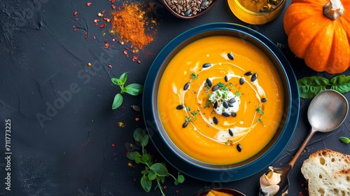 Homemade vegetarian pumpkin cream soup served in ceramic bowl. Decorated with seeds. Various ingredients on side. Top view, flat lay. Autumn food concept.    
