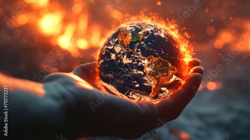 hand holding a planet earth lit on fire generative ai photo
