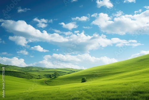 Green Field With Central Tree, Serene Nature Landscape and Relaxing Outdoor Scene, Hilly green landscape view with green grass and a beautiful sky, AI Generated