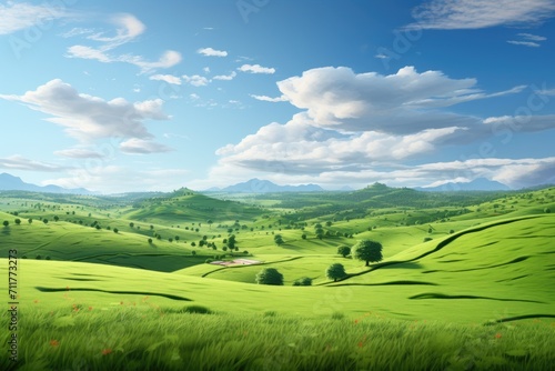 A painting depicting a serene green landscape with majestic mountains in the distance, Hilly green landscape view with green grass and a beautiful sky, AI Generated
