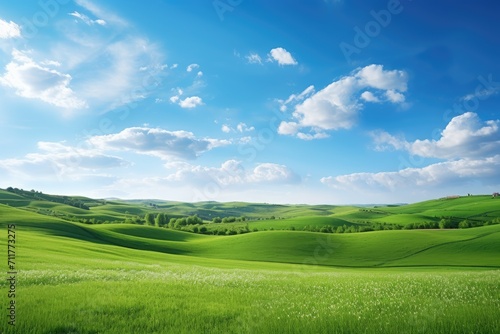 A beautiful scene of a green field beneath a clear blue sky, Hilly green landscape view with green grass and a beautiful sky, AI Generated