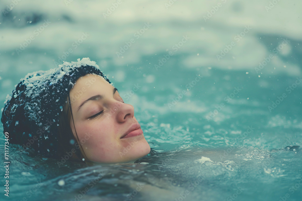 Close up face view of a relaxed young woman with hat, winter swimming in ice hole of a frozen lake with snow and copy space