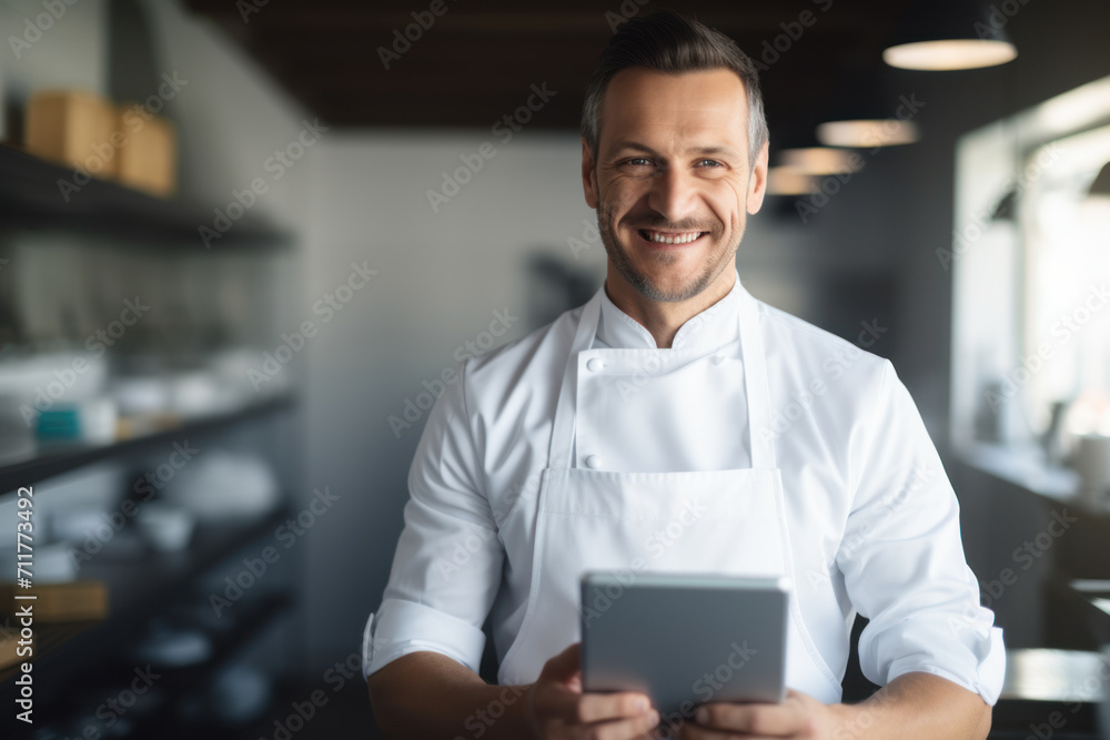 Confident chef with digital tablet overseeing restaurant operations. Confident chef with digital tablet overseeing restaurant operations.