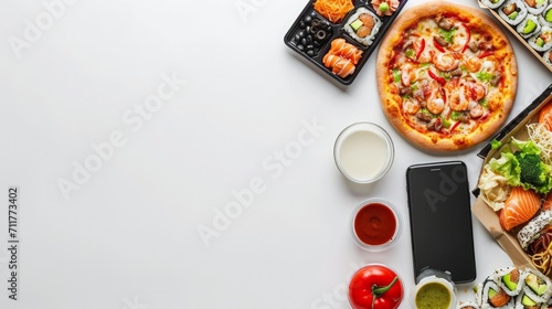 Order and deliver food online. Pizza, pasta, sushi. Eat from your smartphone. Gadget on white background    