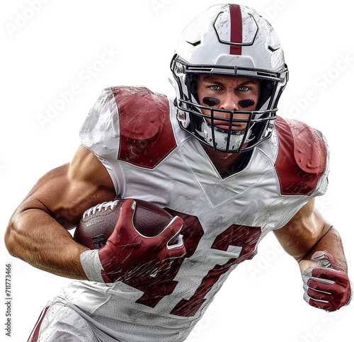 An American football player runs with the ball in his right hand. Red and white uniform