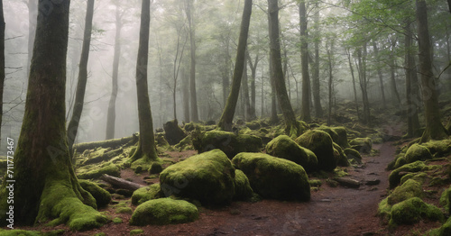 A captivating natural scene showcasing a misty forest with lush greenery, tree roots, and moss-covered stones. © Issah