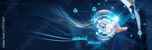 Supply chain management technology, Businessman touch the supply chain icon on the global network structure. Streamlining the secure business processes of global connected supply chains.