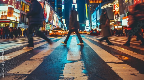 people crossing crosswalk in city. new york city night lights background 