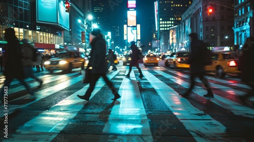 people crossing crosswalk in city. new york city night lights background 