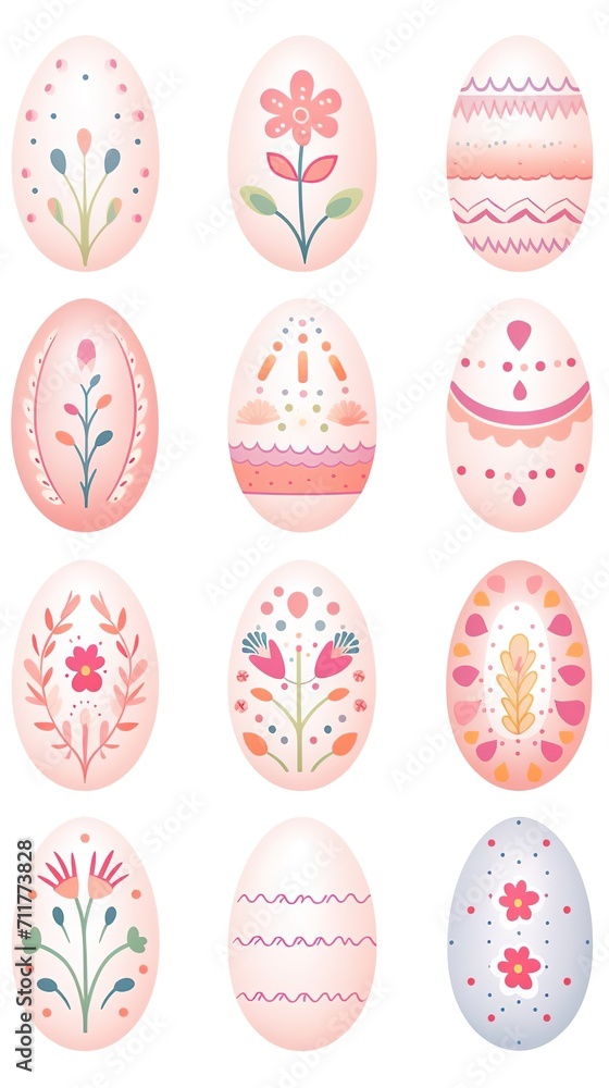 set of Pastel pink Easter egg assortment with playful nature floral patterns, spring holiday themes and craft inspiration