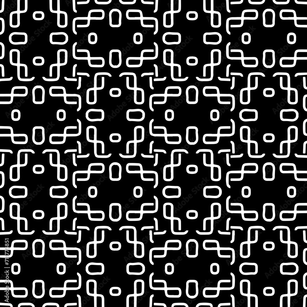 Black figures on a whire background. Seamless texture for fashion, textile design, on wall paper, wrapping paper, fabrics and home decor. Simple repeat pattern. Black figures on a whire background. Seamless texture for fashion, textile design, on wall paper, wrapping paper, fabrics and home decor. Simple repeat pattern.