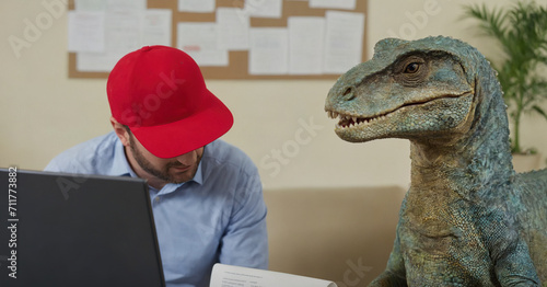 A surreal office scene where professionals wear dinosaur masks, adding humor and creativity to a business meeting.