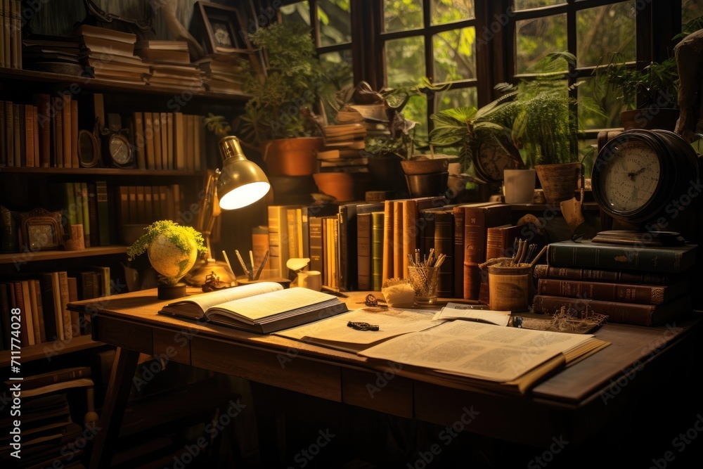 Desk With Lamp, Books, and Stationery, Immerse yourself in a writer's haven, with a desk adorned with books, a diary, and sticky notes, representing their sanctuary and tools, AI Generated Desk With Lamp, Books, and Stationery, Immerse yourself in a writer's haven, with a desk adorned with books, a diary, and sticky notes, representing their sanctuary and tools, AI Generated