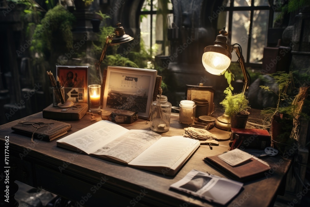 Desk With Lamp, Books, and Other Items, Immerse yourself in a writer's haven, with a desk adorned with books, a diary, and sticky notes, representing their sanctuary and tools, AI Generated Desk With Lamp, Books, and Other Items, Immerse yourself in a writer's haven, with a desk adorned with books, a diary, and sticky notes, representing their sanctuary and tools, AI Generated