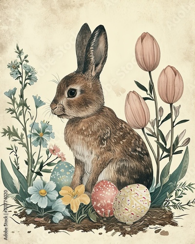 happy easter image cute rabbit with eggs