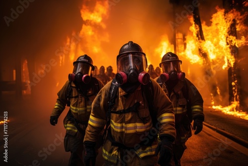 Firefighters Departing From Extinguished Fire, Inferno Protectors, A group of masked firefighters bravely battles towering flames, showcasing their commitment to saving lives, AI Generated
