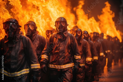 Group of Firefighters Approaching Massive Blaze, Inferno Protectors, A group of masked firefighters bravely battles towering flames, showcasing their commitment to saving lives, AI Generated © Iftikhar alam
