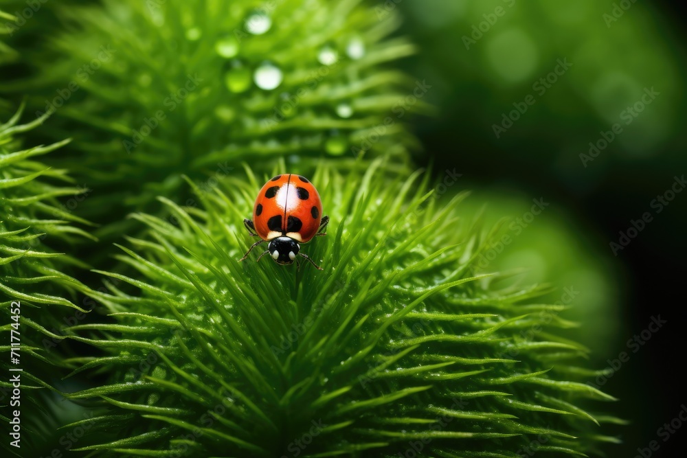 Naklejka premium A vibrant ladybug peacefully perches on the leaves of a lush green plant under the sunlight, Ladybug observed on a green fern leaf, captured in a macro close-up shot, AI Generated