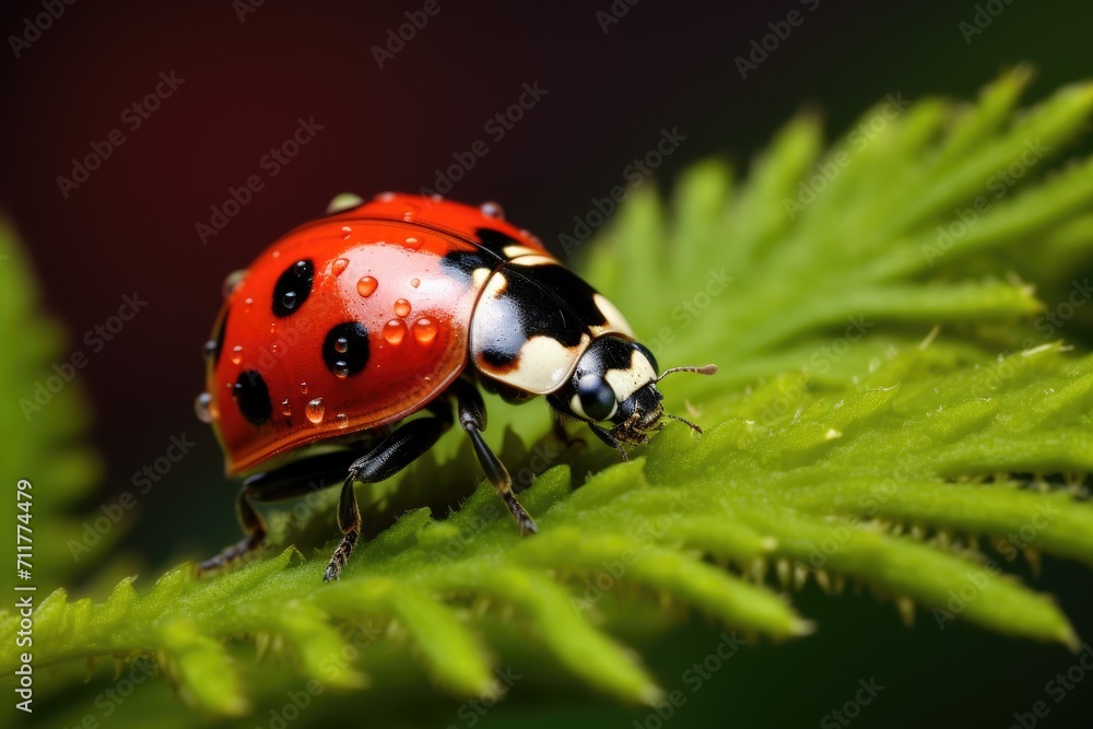 A red lady bug calmly sits on a lush green leaf, enjoying its peaceful surroundings, Ladybug observed on a green fern leaf, captured in a macro close-up shot, AI Generated A red lady bug calmly sits on a lush green leaf, enjoying its peaceful surroundings, Ladybug observed on a green fern leaf, captured in a macro close-up shot, AI Generated
