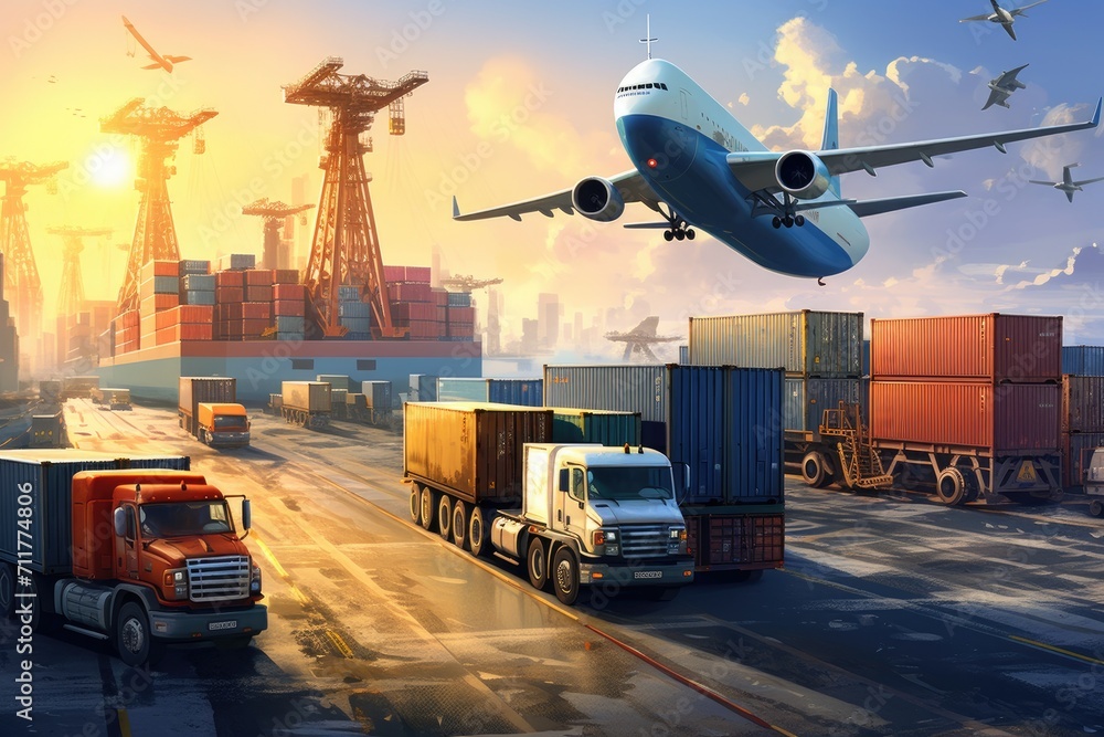 An airplane is seen in mid-air, flying directly above a truck and its load of cargo, Logistics and transportation of goods by ship, airplane, truck, and container are showcased, AI Generated An airplane is seen in mid-air, flying directly above a truck and its load of cargo, Logistics and transportation of goods by ship, airplane, truck, and container are showcased, AI Generated