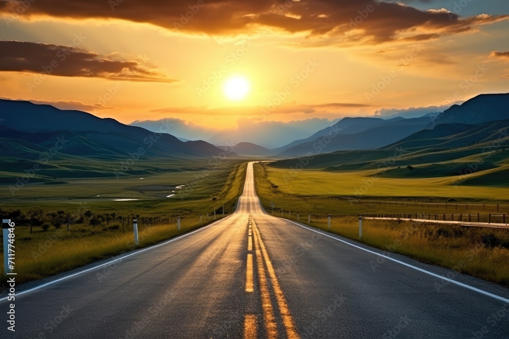 The sun sets over a wide open road, creating a peaceful and serene nature scene, Long highway road landscape in a rural area, AI Generated