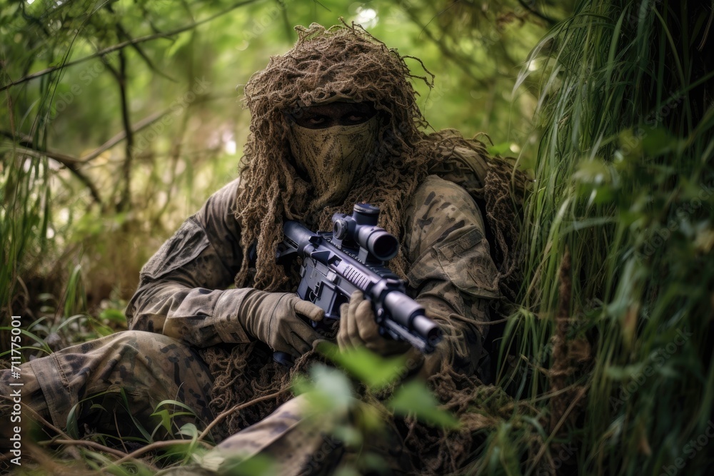 A man wearing camouflage holds a rifle in the woods, embodying the essence of hunting and survival, Ghillie suit sniper camouflage sitting in a jungle, AI Generated