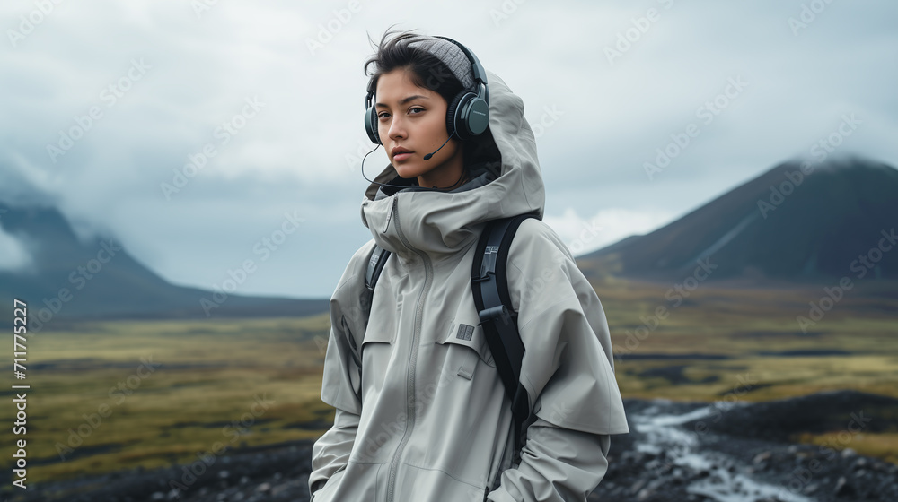 Beautiful melancholic young woman in the mountains, wearing headphones and sportswear. Modern girl hiking outdoors, listening to music. Misty tundra landscape on a cloudy day.