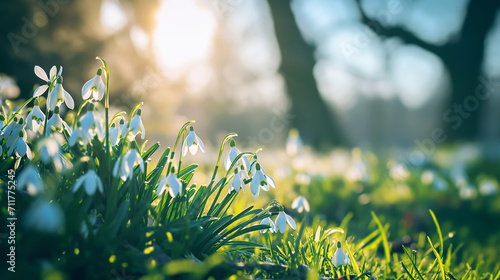 Natural spring background with delicate snowdrop flowers on sunny forest glade