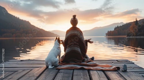 Woman in cozy poncho wide spreading her hands appreciating the nature and her time with white and brown dog on the dock of the lake at sunset. Self care concept.     photo