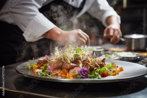 Food being artfully prepared and arranged on a table for a delicious meal  gourmet dish being prepared in a high-end restaurant kitchen  AI Generated