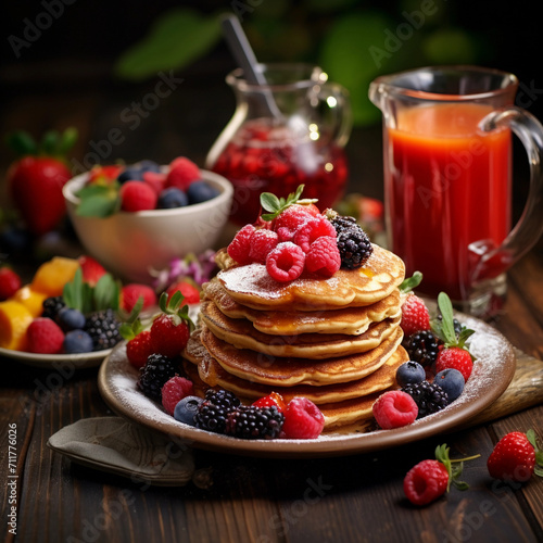Healthy brunch with pancakes, fresh berries and juice 