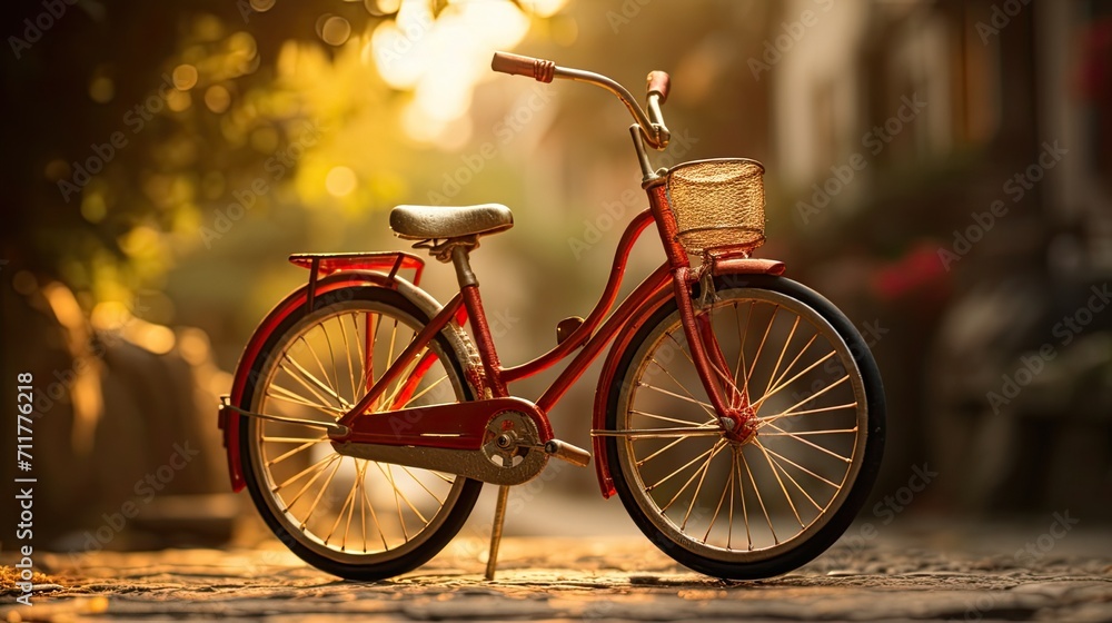 the bike is in focus during the golden hour and the background is slightly blurred, drawing attention to the intricate details of the bike.
