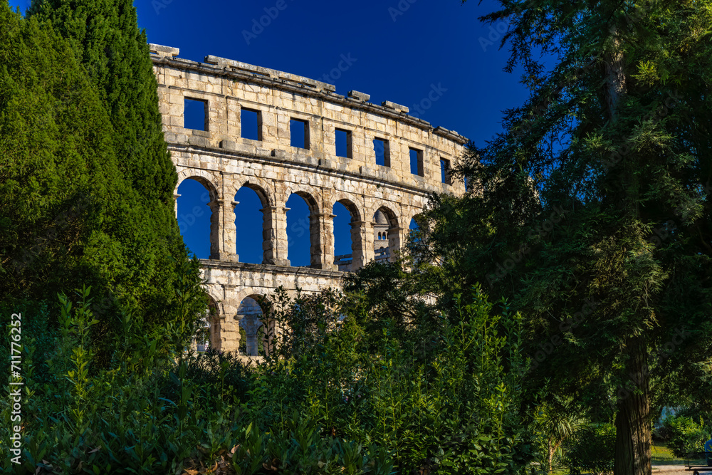 Amphitheater in Pula, gladiator fighting arena, monuments