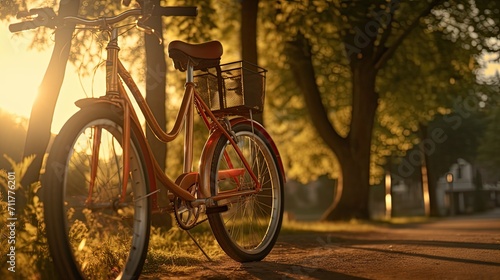the bike is in focus during the golden hour and the background is slightly blurred, drawing attention to the intricate details of the bike. © Светлана Канунникова