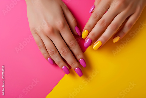 Female hands showcasing pastel stylish trendy manicure against a duotone yellow and pink background