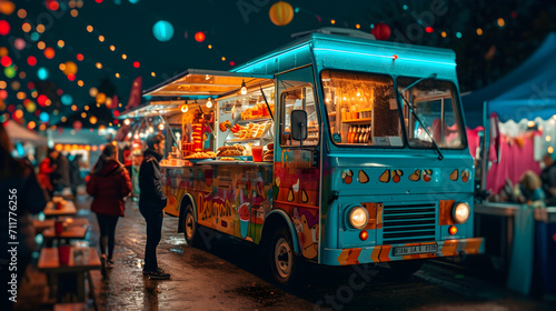A vibrant food truck at a city festival, offering a variety of local and fast food options for outdoor dining.