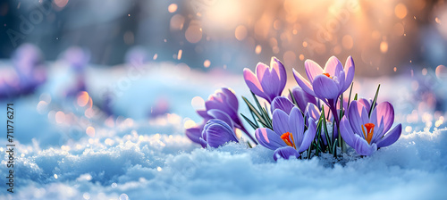 banner of Crocuses grow from under the snow photo
