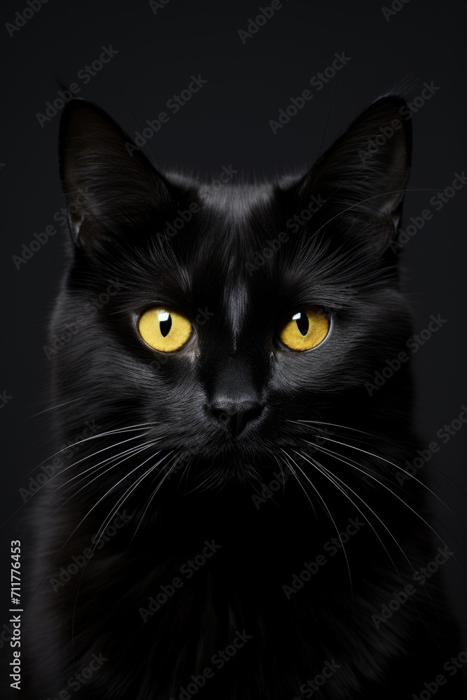 The muzzle of a black cat looking at the camera is highlighted on a black background
