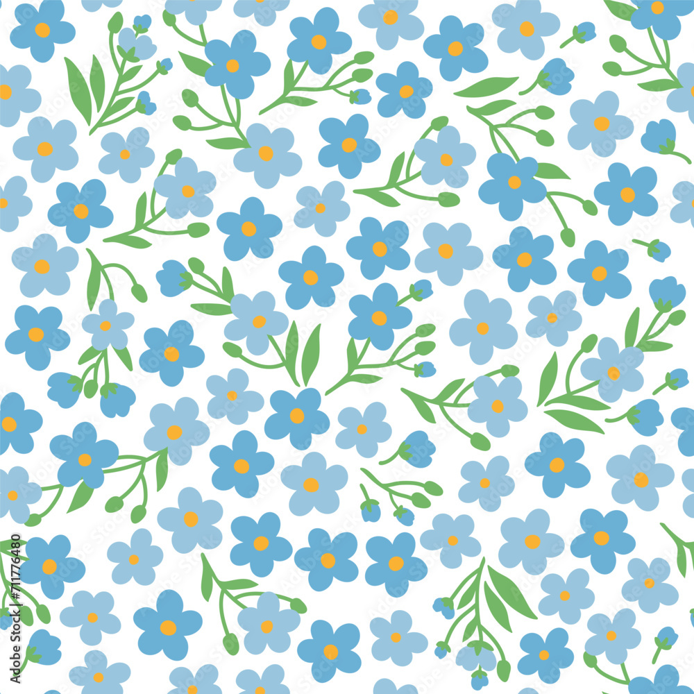 Seamless pattern of tiny stylized doodle light blue flowers forget-me-nots on white background