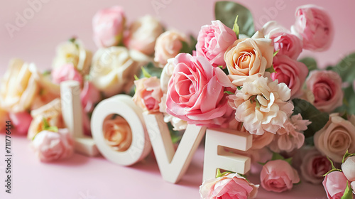 Word Love decorated with delicate roses on pink background. Valentine s Day concept